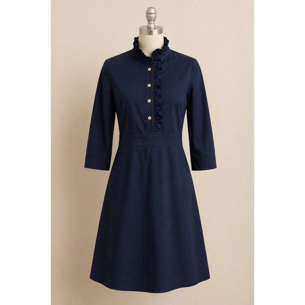 Tory Burch Navy Ruffle Shirt Dress Gold Buttons 3/4 Sleeve‎ Sz 4